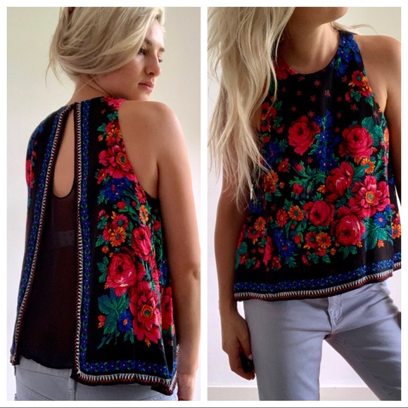 Zara Tops - Zara Floral Split Back Cut Out Tank Top Blouse L